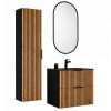 Set mobilier de baie Xilo, MDF, PAL melaminat, gri antracit/stejar wotan, lavoar Lava, L.60 cm, oglinda LED, dulap inalt H.140 cm, SET-XIL LAVA BLACK 60CM A1