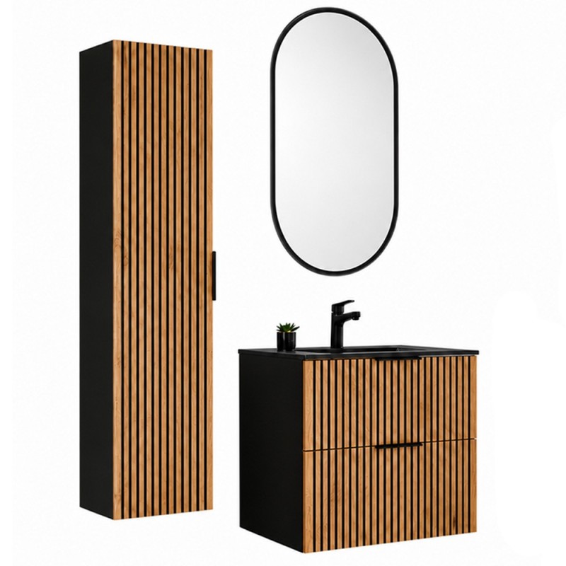 Set mobilier de baie Xilo, MDF, PAL melaminat, gri antracit/stejar wotan, lavoar Lava, L.60 cm, oglinda LED, dulap inalt H.140 cm, SET-XIL LAVA BLACK 60CM A1