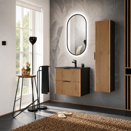 Set mobilier de baie Xilo, MDF, PAL melaminat, gri antracit/stejar wotan, lavoar Lava, L.60 cm, oglinda LED, dulap inalt H.140 cm, SET-XIL LAVA BLACK 60CM A1