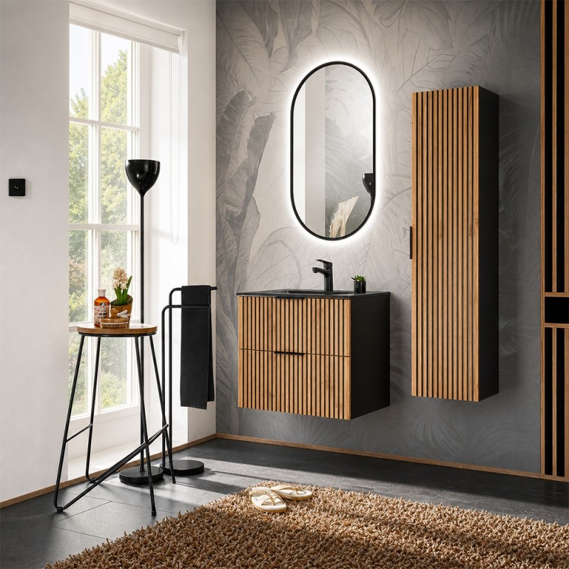 Set mobilier de baie Xilo, MDF, PAL melaminat, gri antracit/stejar wotan, lavoar Lava, L.60 cm, oglinda LED, dulap inalt H.140 cm, SET-XIL LAVA BLACK 60CM A1