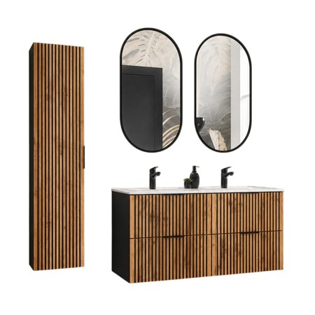 Set mobilier de baie Xilo, MDF, PAL melaminat, gri antracit/stejar wotan, lavoar Sky, L.120 cm, oglinzi LED, dulap inalt H.140 cm, SET-XIL SKY 120D A4