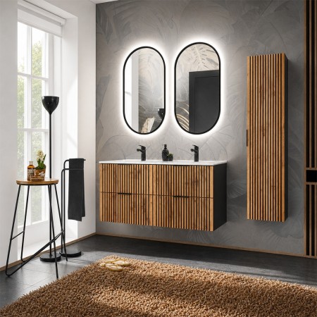 Set mobilier de baie Xilo, MDF, PAL melaminat, gri antracit/stejar wotan, lavoar Sky, L.120 cm, oglinzi LED, dulap inalt H.140 cm, SET-XIL SKY 120D A4