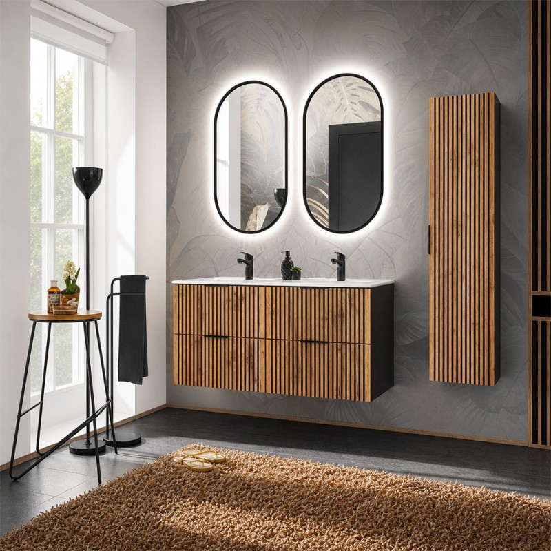 Set mobilier de baie Xilo, MDF, PAL melaminat, gri antracit/stejar wotan, lavoar Sky, L.120 cm, oglinzi LED, dulap inalt H.140 cm, SET-XIL SKY 120D A4
