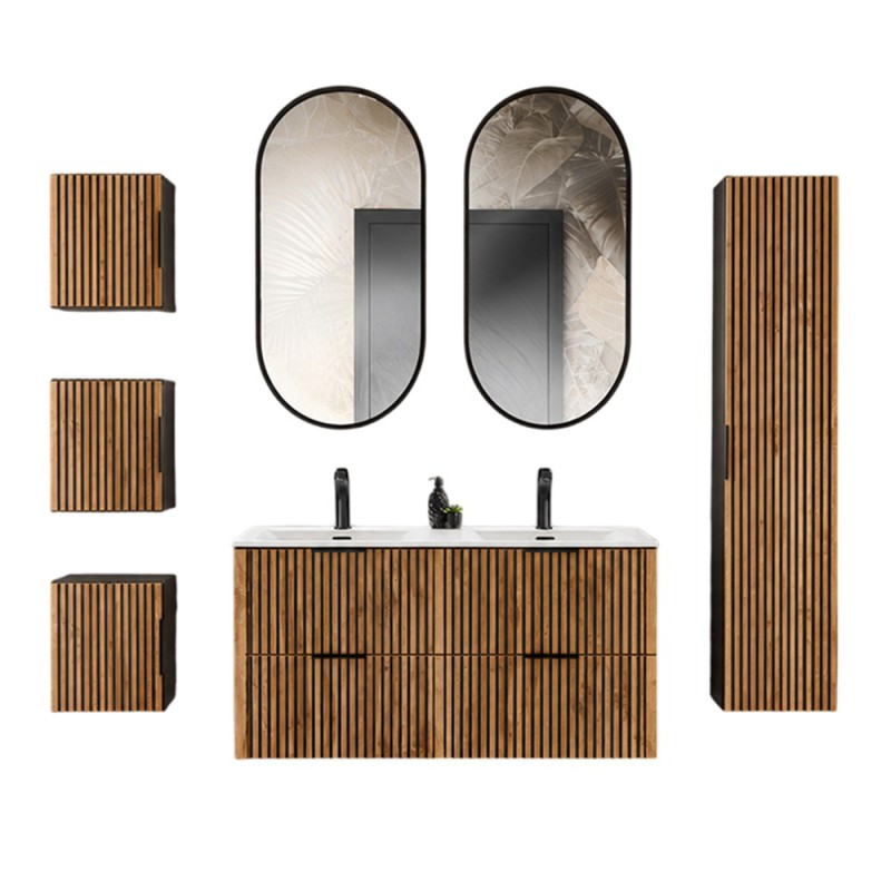 Set mobilier de baie Xilo, MDF, PAL melaminat, gri antracit/stejar wotan, lavoar Sky, L.120 cm, oglinzi LED, dulap inalt H.140 cm, SET-XIL SKY 120D A5