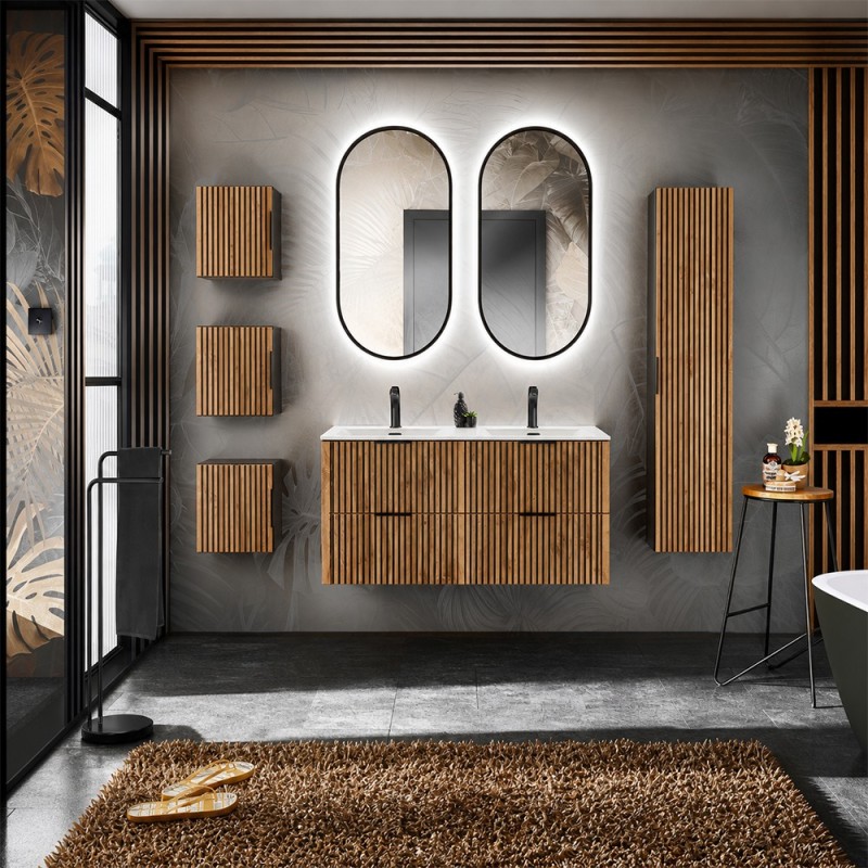 Set mobilier de baie Xilo, MDF, PAL melaminat, gri antracit/stejar wotan, lavoar Sky, L.120 cm, oglinzi LED, dulap inalt H.140 cm, SET-XIL SKY 120D A5