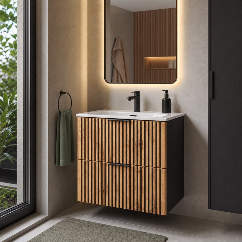 Set mobilier de baie Xilo, MDF, PAL melaminat, gri antracit/stejar wotan, lavoar Sky, L.60 cm, SET-XIL SKY 60CM