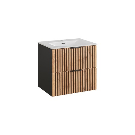 Set mobilier de baie Xilo, MDF, PAL melaminat, gri antracit/stejar wotan, lavoar Sky, L.60 cm, SET-XIL SKY 60CM