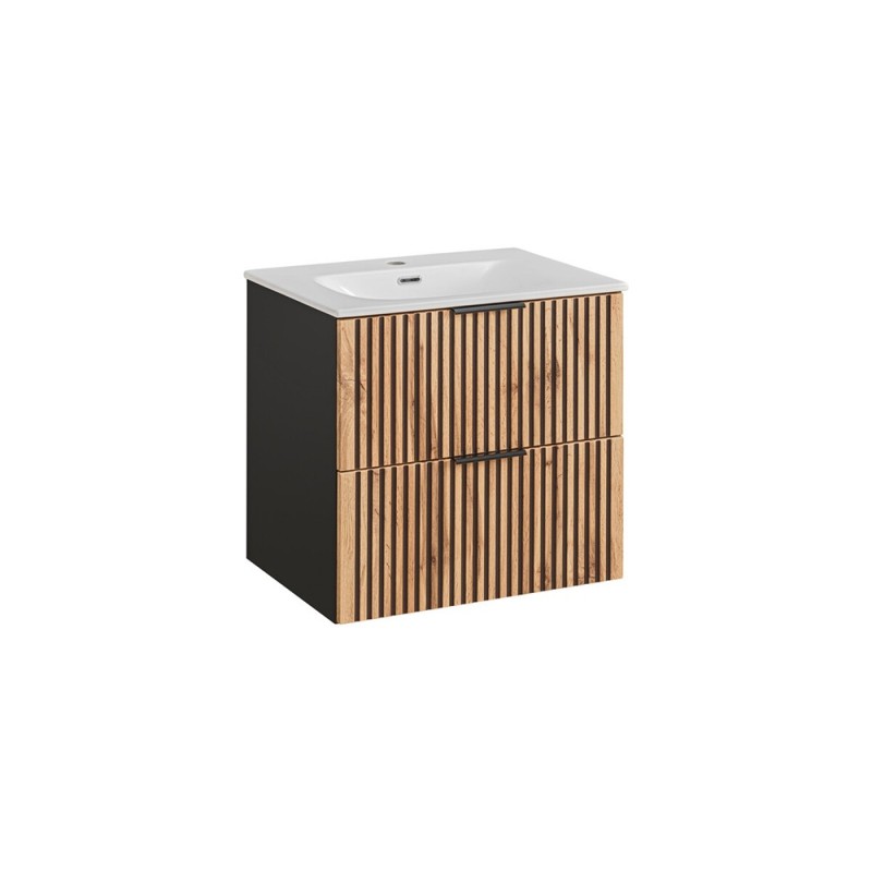 Set mobilier de baie Xilo, MDF, PAL melaminat, gri antracit/stejar wotan, lavoar Sky, L.60 cm, SET-XIL SKY 60CM