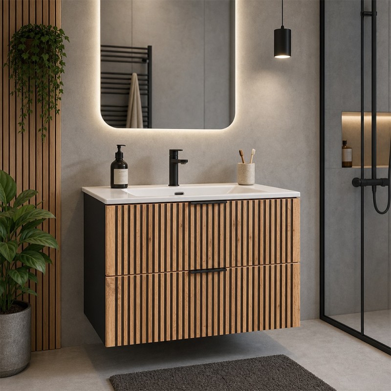 Set mobilier de baie Xilo, MDF, PAL melaminat, gri antracit/stejar wotan, lavoar Sky, L.80 cm, SET-XIL SKY 80CM