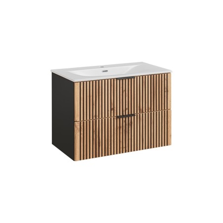 Set mobilier de baie Xilo, MDF, PAL melaminat, gri antracit/stejar wotan, lavoar Sky, L.80 cm, SET-XIL SKY 80CM