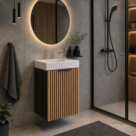 Set mobilier de baie Xilo, MDF, PAL melaminat, gri antracit/stejar wotan, lavoar Vedea, L.40 cm, SET-XIL VEDEA 40CM