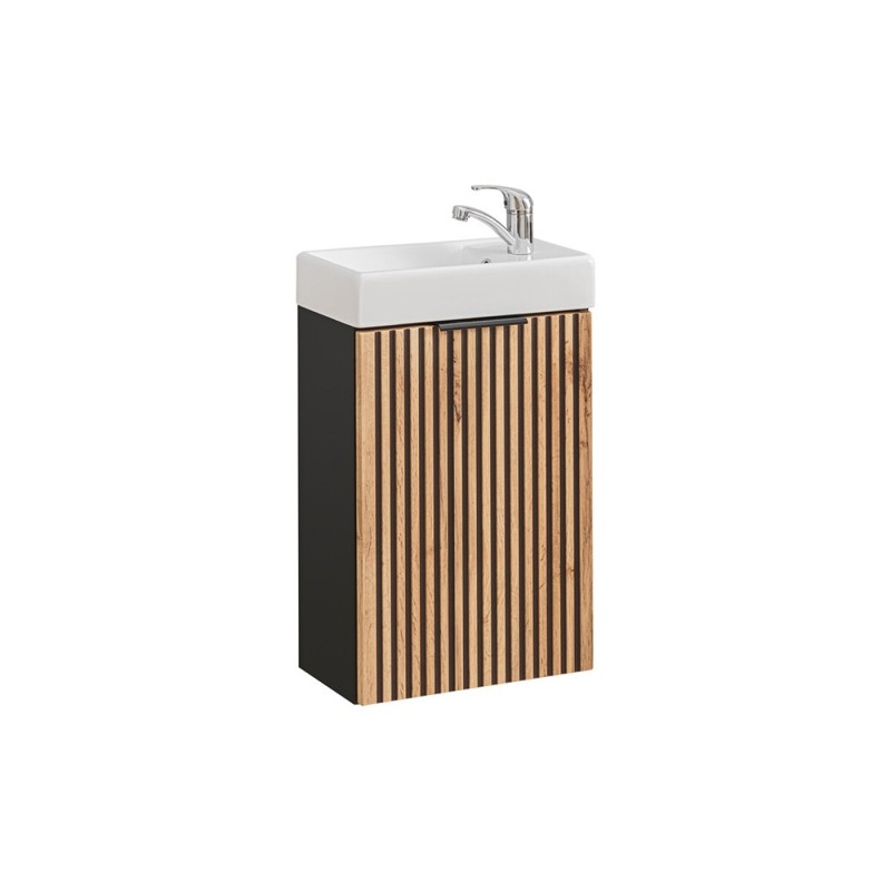 Set mobilier de baie Xilo, MDF, PAL melaminat, gri antracit/stejar wotan, lavoar Vedea, L.40 cm, SET-XIL VEDEA 40CM