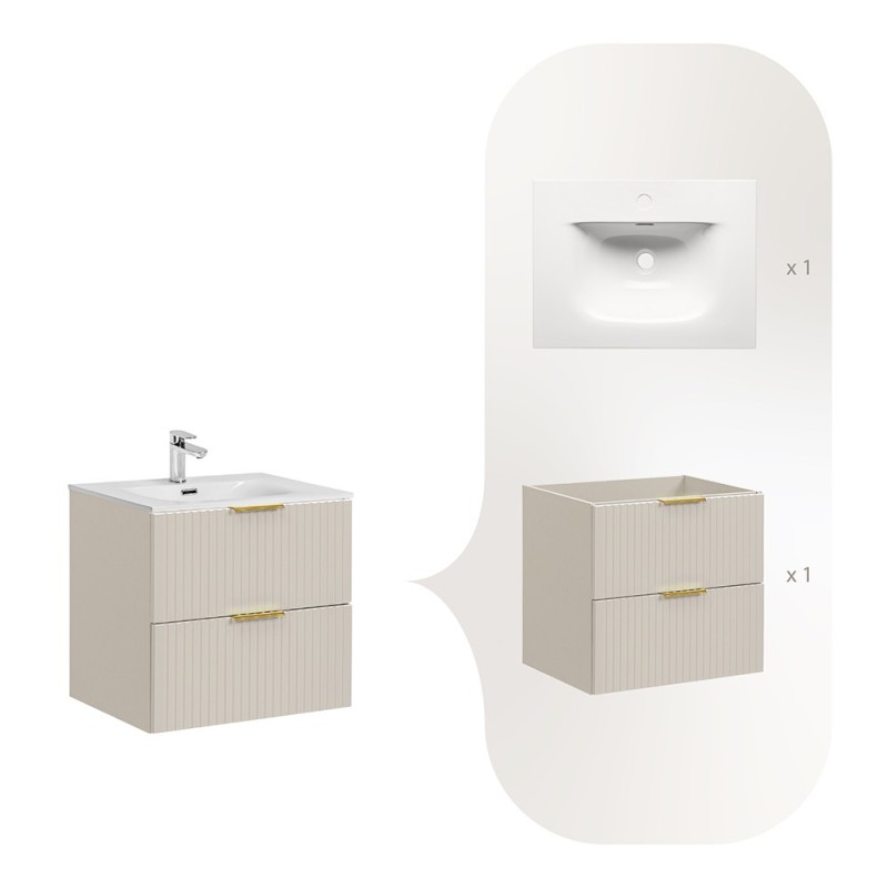 Set de mobilier de baie Adel Cashmere, MDF, PAL melaminat, cashmere mat, lavoar SKY ceramica, L.60 cm, SKY – SET-ADC 60CM SKY