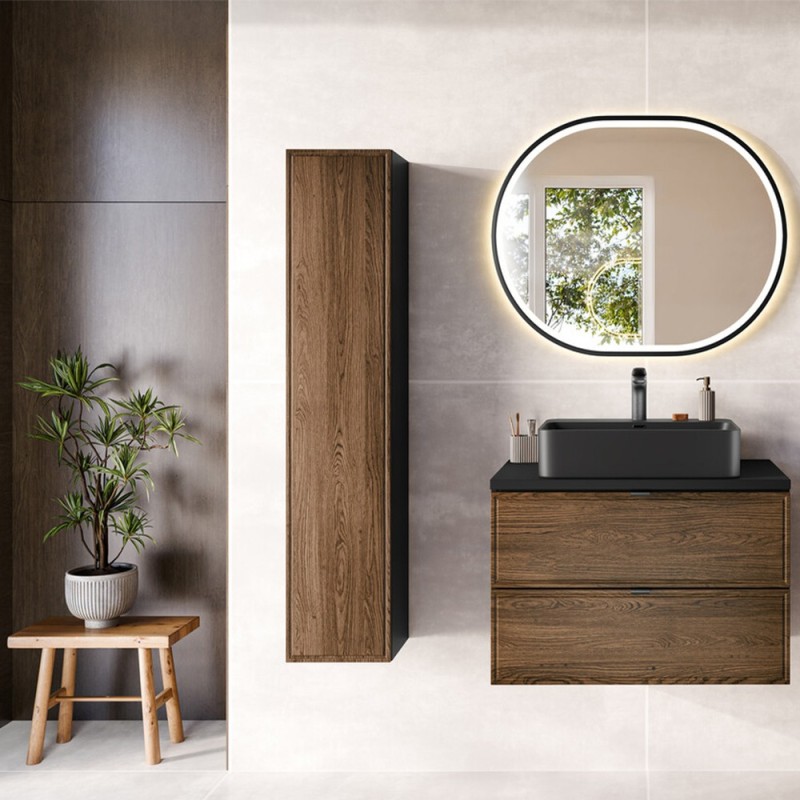 Dulap lavoar Talia Casella, MDF, PAL melaminat, negru mat/stejar casella, 2 sertare, L.80 cm, TALIA CASELLA 82-80-46-2S