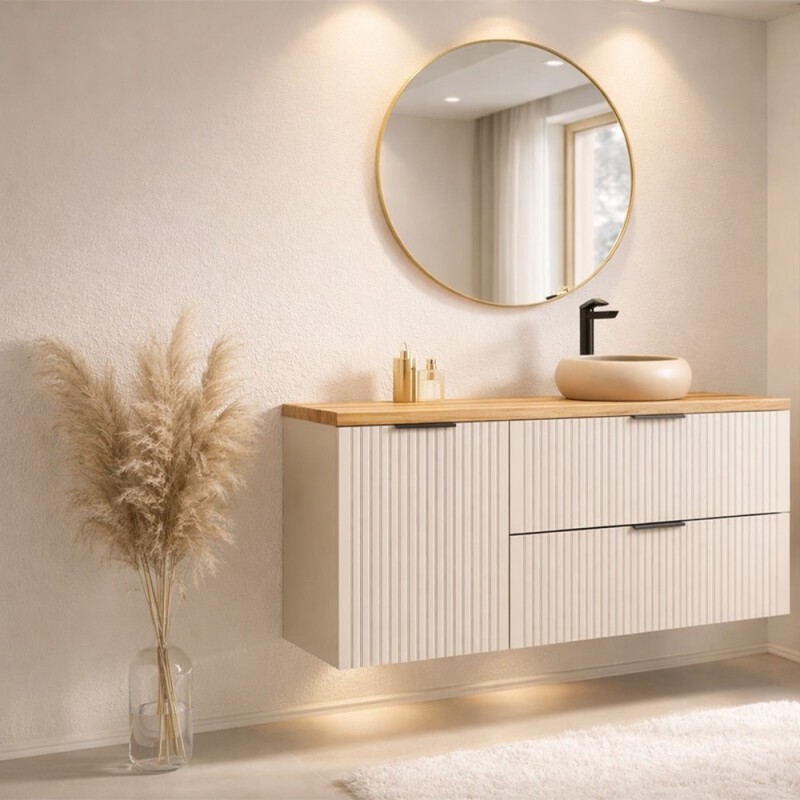 Set de mobilier de baie Adel Cashmere, MDF, PAL melaminat, cashmere mat, blat stejar wotan, L.120 cm, SET-ADC B WOTAN