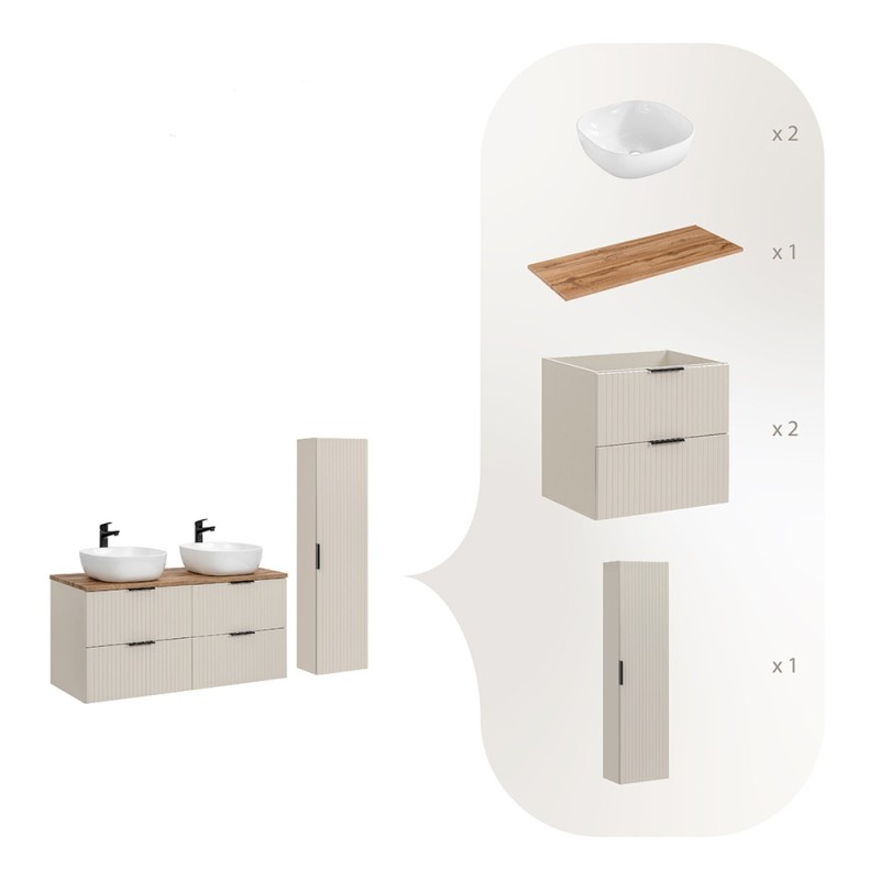 Set de mobilier de baie Adel Cashmere, MDF, Pal melaminat, cashmere mat, blat stejar wotan, L.120 cm, 2 lavoare Smile ceramica și dulap înalt, SET-ADC B WOTAN 120CM