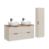 Set de mobilier de baie Adel Cashmere, MDF, Pal melaminat, cashmere mat, blat stejar wotan, L.120 cm, 2 lavoare Smile ceramica și dulap înalt, SET-ADC B WOTAN 120CM