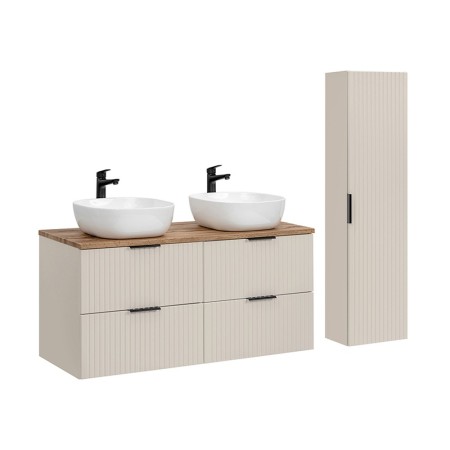 Set de mobilier de baie Adel Cashmere, MDF, Pal melaminat, cashmere mat, blat stejar wotan, L.120 cm, 2 lavoare Smile ceramica și dulap înalt, SET-ADC B WOTAN 120CM 