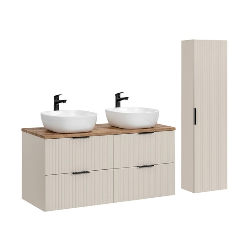 Set de mobilier de baie Adel Cashmere, MDF, Pal melaminat, cashmere mat, blat stejar wotan, L.120 cm, 2 lavoare Smile ceramica și dulap înalt, SET-ADC B WOTAN 120CM