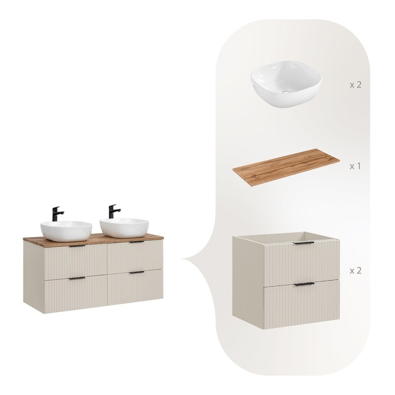Set de mobilier de baie Adel Cashmere, MDF, PAL melaminat, cashmere mat, blat stejar wotan și 2 lavoare de blat Smile 40, L.120 cm, SET-ADC B WOTAN 120CM SMILE 40
