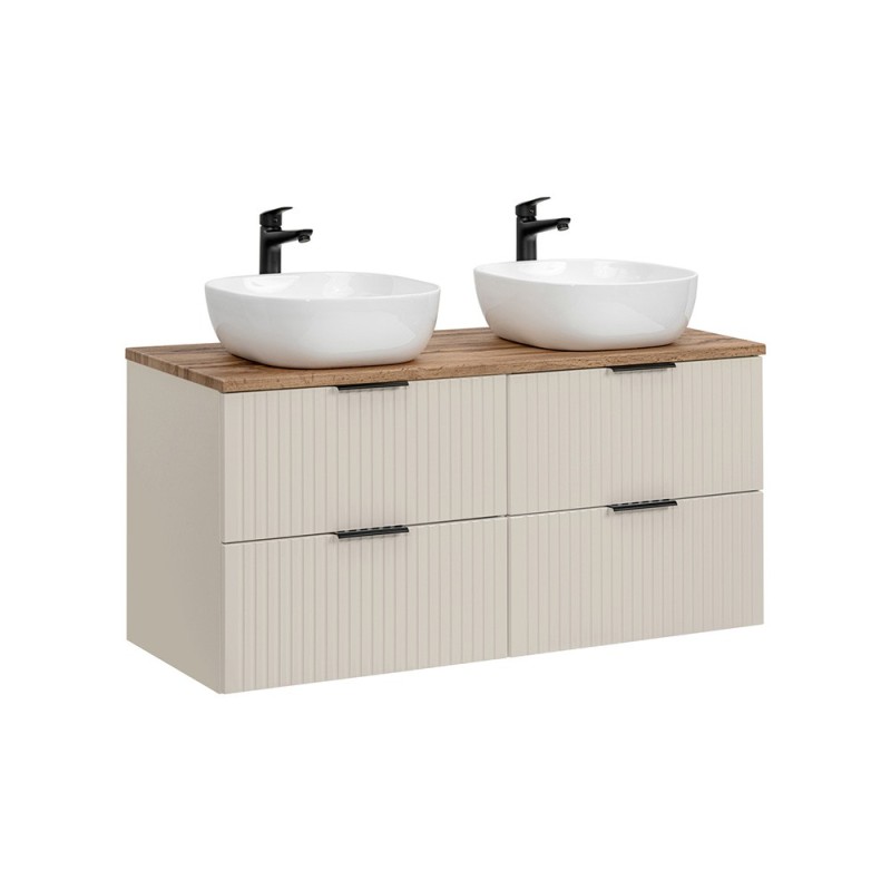 Set de mobilier de baie Adel Cashmere, MDF, PAL melaminat, cashmere mat, blat stejar wotan și 2 lavoare de blat Smile 40, L.120 cm, SET-ADC B WOTAN 120CM SMILE 40