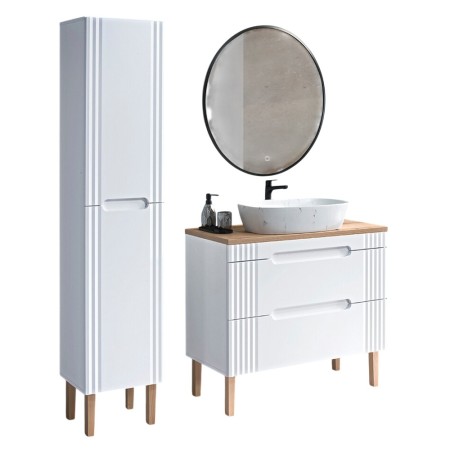 Set mobilier baie Fiji White, MDF, PAL melaminat, alb, blat stejar coast evoke, L.100 cm, lavoar Megi, oglinda perete Luna, dulap inalt H.166 cm, SET-FW B 100CM UN.MEGI-M13 1
