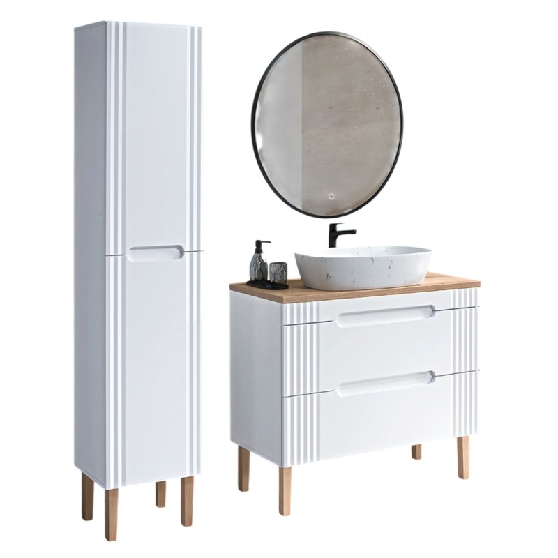 Set mobilier baie Fiji White, MDF, PAL melaminat, alb, blat stejar coast evoke, L.100 cm, lavoar Megi, oglinda perete Luna, dulap inalt H.166 cm, SET-FW B 100CM UN.MEGI-M13 1