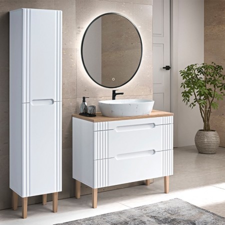 Set mobilier baie Fiji White, MDF, PAL melaminat, alb, blat stejar coast evoke, L.100 cm, lavoar Megi, oglinda perete Luna, dulap inalt H.166 cm, SET-FW B 100CM UN.MEGI-M13 1