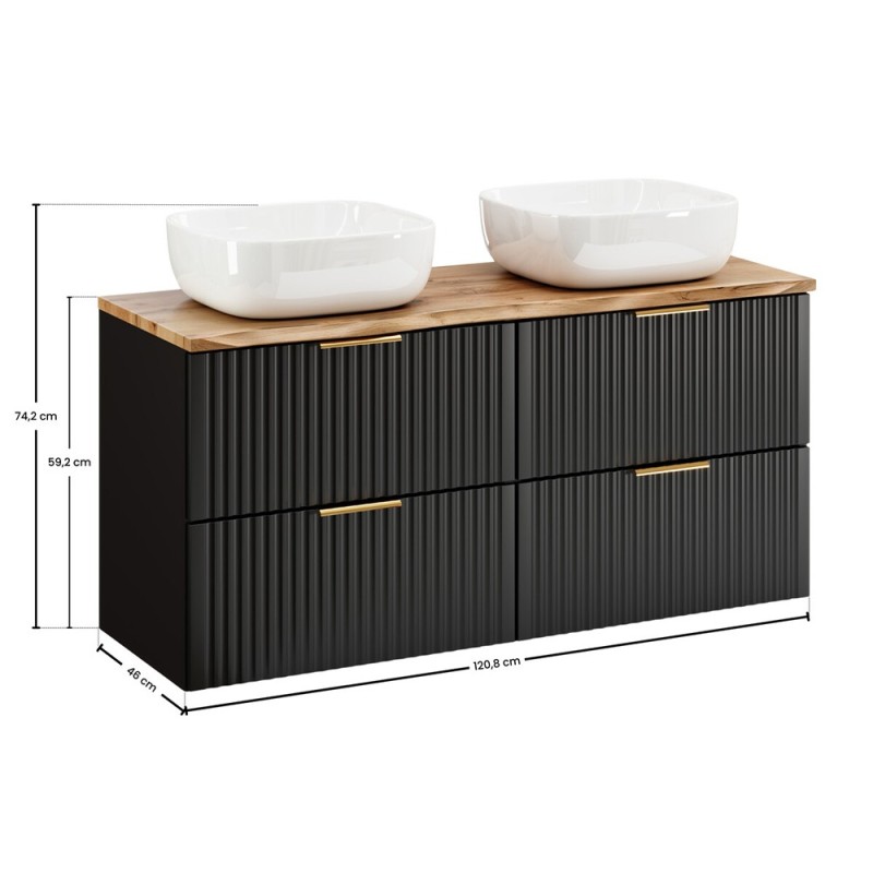 Set mobilier baie Adel Black, MDF, PAL melaminat, negru mat, blat natural wotan, lavoare Smile 40, L.120 cm, SET-ADB B NAT WOTAN 120CM UN SMILE