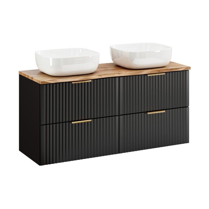 Set mobilier baie Adel Black, MDF, PAL melaminat, negru mat, blat natural wotan, lavoare Smile 40, L.120 cm, SET-ADB B NAT WOTAN 120CM UN SMILE