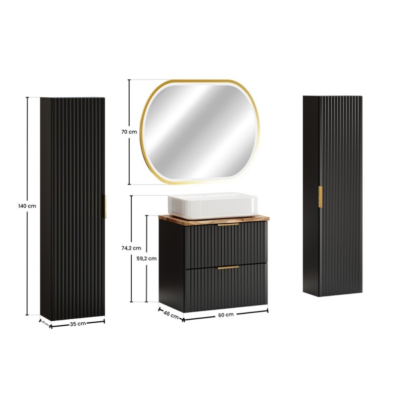 Set mobilier baie Adel Black, MDF, PAL melaminat, negru mat, blat natural wotan, dulapuri inalte H.140 cm, lavoar Magic, L.60 cm, oglinda LED, SET-ADB B NAT WOTAN 60CM UN MAGIC HC