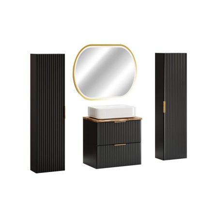 Set mobilier baie Adel Black, MDF, PAL melaminat, negru mat, blat natural wotan, dulapuri inalte H.140 cm, lavoar Magic, L.60 cm, oglinda LED, SET-ADB B NAT WOTAN 60CM UN MAGIC HC