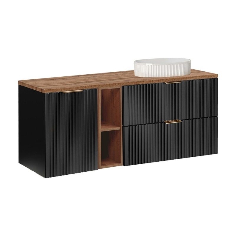 Set mobilier baie Adel Black, MDF, PAL melaminat, negru mat, blat stejar wotan, L.140 cm, lavoar Beyond, SET-ADB B WOTAN 140CM UN BEYOND 3 WH LB