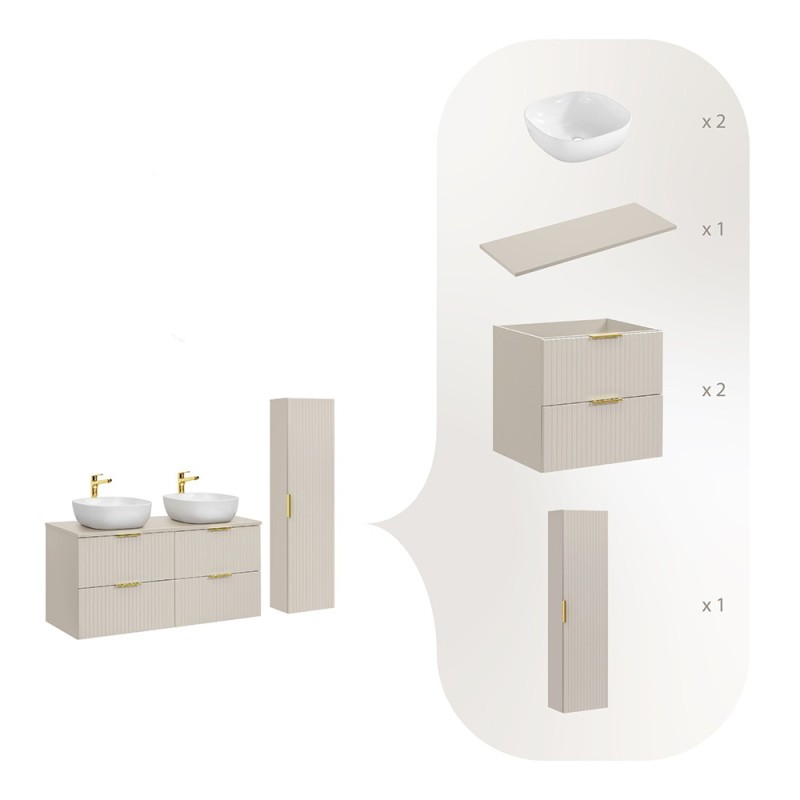 Set de mobilier de baie Adel Cashmere, MDF, Pal melaminat, blat cashmere mat, L.120 cm, 2 lavoare Smile ceramica și dulap înalt, SET-ADC B CASHMERE 120CM