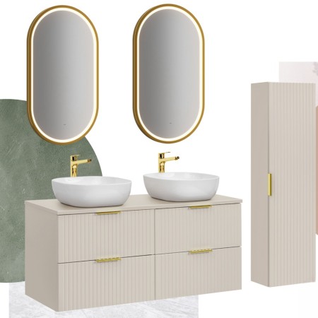 Set de mobilier de baie Adel Cashmere, MDF, Pal melaminat, blat cashmere mat, L.120 cm, 2 lavoare Smile ceramica și dulap înalt, SET-ADC B CASHMERE 120CM