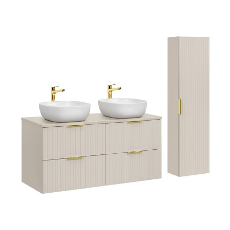 Set de mobilier de baie Adel Cashmere, MDF, Pal melaminat, blat cashmere mat, L.120 cm, 2 lavoare Smile ceramica și dulap înalt, SET-ADC B CASHMERE 120CM