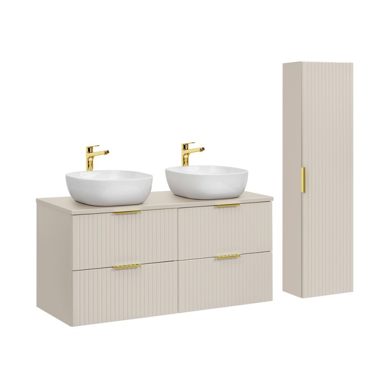 Set de mobilier de baie Adel Cashmere, MDF, Pal melaminat, blat cashmere mat, L.120 cm, 2 lavoare Smile ceramica și dulap înalt, SET-ADC B CASHMERE 120CM