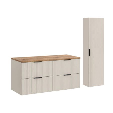 Set de mobilier de baie Adel Cashmere, MDF, Pal melaminat, cashmere mat, blat stejar wotan, L.120 cm, dulap înalt H.140 cm, SET-ADC B WOTAN 120CM HC
