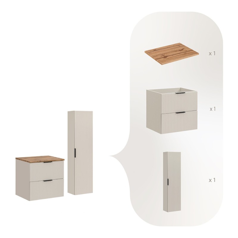 Set de mobilier de baie Adel Cashmere, MDF, PAL melaminat, cashmere mat, blat stejar wotan, dulap înalt H.140 cm, SET-ADC B WOTAN 60CM HC