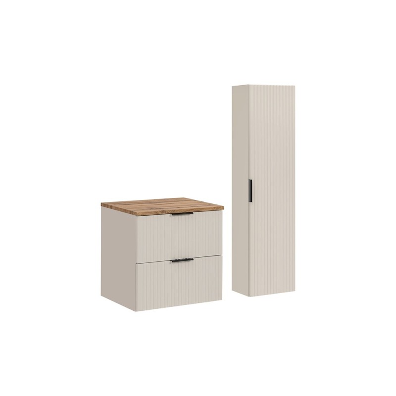 Set de mobilier de baie Adel Cashmere, MDF, PAL melaminat, cashmere mat, blat stejar wotan, dulap înalt H.140 cm, SET-ADC B WOTAN 60CM HC