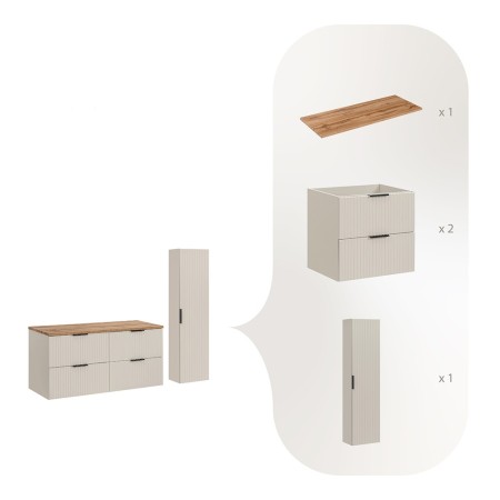 Set de mobilier de baie Adel Cashmere, MDF, Pal melaminat, cashmere mat, blat stejar wotan, L.120 cm, dulap înalt H.140 cm, SET-ADC B WOTAN 120CM HC