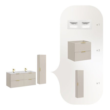 Set de mobilier de baie Adel Cashmere, MDF, PAL melaminat, cashmere mat, lavoar SKY, L.120 cm, dulap înalt H.140 cm, SET-ADC 120CM SKY HIGH CABINET