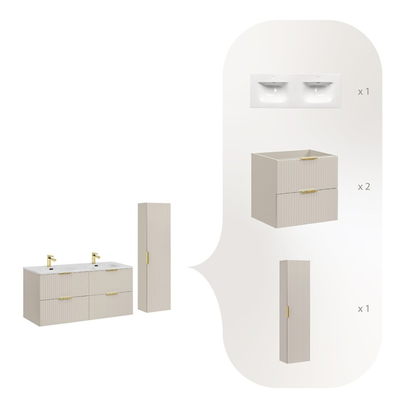 Set de mobilier de baie Adel Cashmere, MDF, PAL melaminat, cashmere mat, lavoar SKY, L.120 cm, dulap înalt H.140 cm, SET-ADC 120CM SKY HIGH CABINET