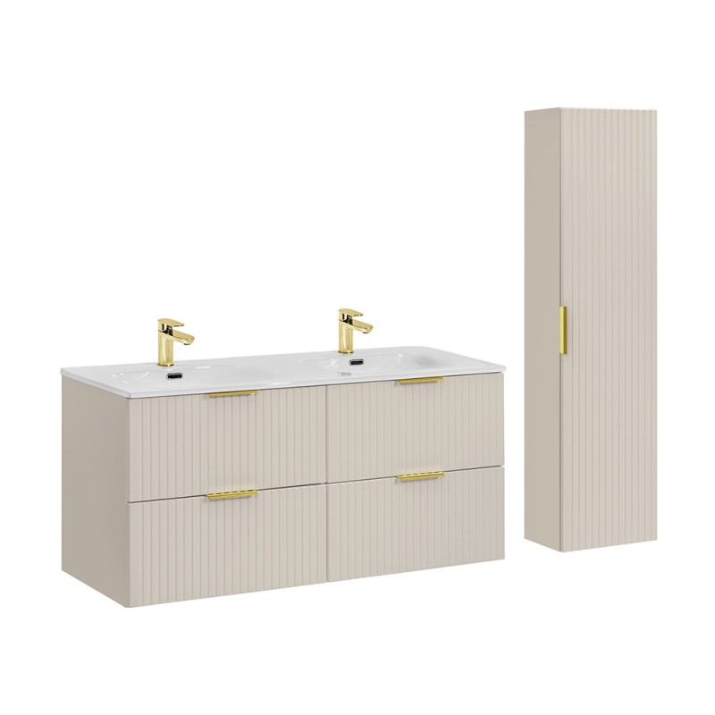 Set de mobilier de baie Adel Cashmere, MDF, PAL melaminat, cashmere mat, lavoar SKY, L.120 cm, dulap înalt H.140 cm, SET-ADC 120CM SKY HIGH CABINET