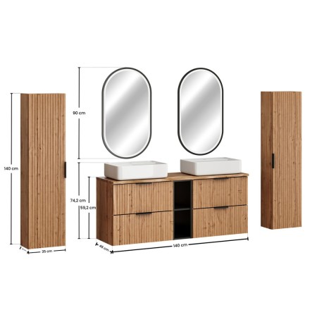 Set mobilier baie Adel Oak, MDF, PAL melaminat, blat stejar wotan, lavoare Magic 50, L.140 cm, dulapuri inalte H.140 cm si oglinzi LED, SET-ADO B NAT WOTAN 140CM UN MAGIC HC
