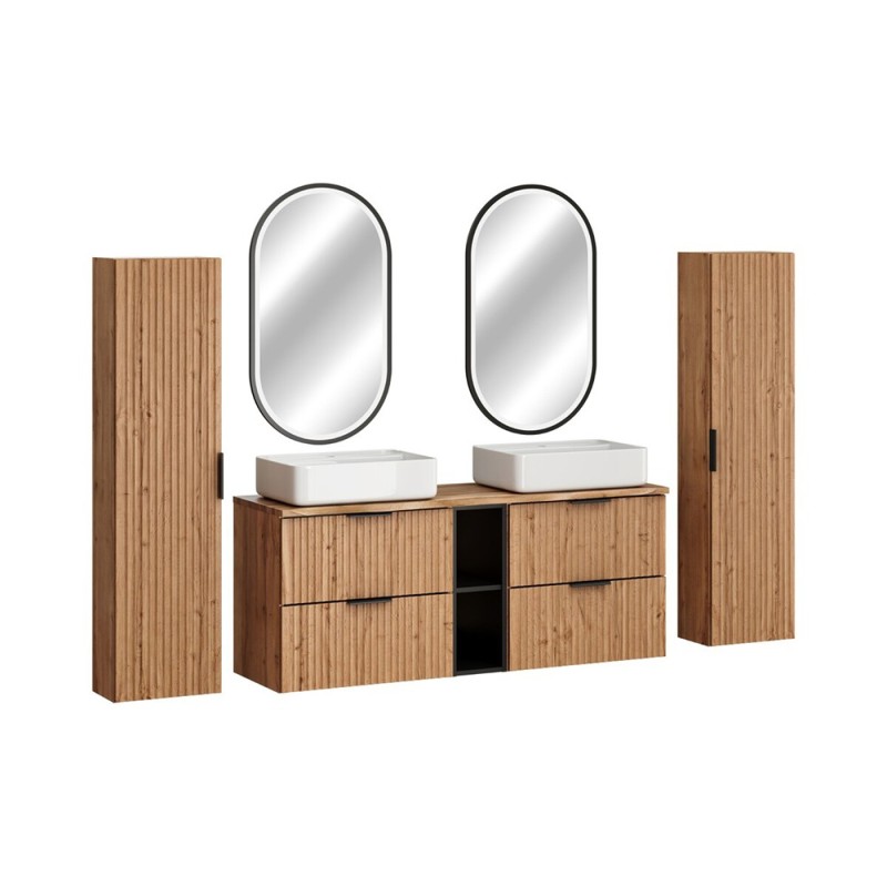 Set mobilier baie Adel Oak, MDF, PAL melaminat, blat stejar wotan, lavoare Magic 50, L.140 cm, dulapuri inalte H.140 cm si oglinzi LED, SET-ADO B NAT WOTAN 140CM UN MAGIC HC