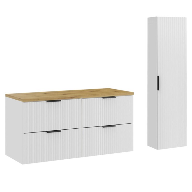 Set de mobilier de baie Adel White, MDF, Pal melaminat, alb mat, blat stejar artizanal, L.120 cm, dulap înalt H.140 cm, SET-ADW B ARTISAN 120CM HC