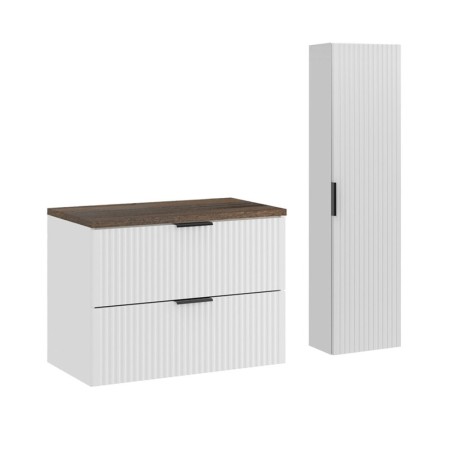Set de mobilier de baie Adel White, MDF, Pal melaminat, blat stejar vintage, L.80 cm, dulap înalt H.140 cm, SET-ADW B VINTAGE 80CM HC