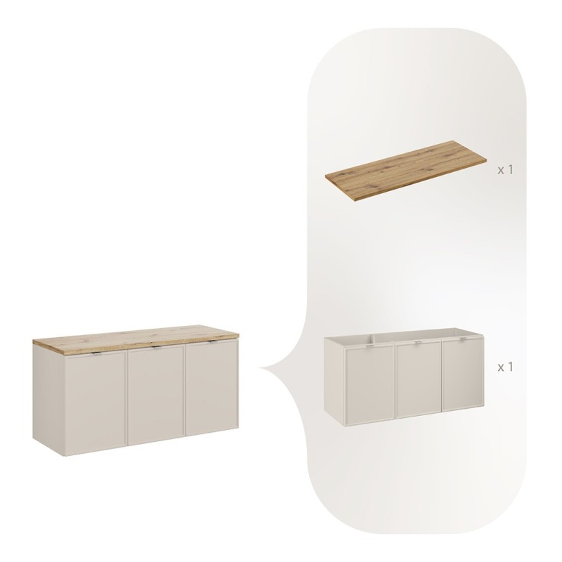 Set mobilier baie Bella Cashmere, MDF, PAL melaminat, cashmir mat, blat stejar artizan, L.120 cm, SET-BC B ARTISAN 120CM