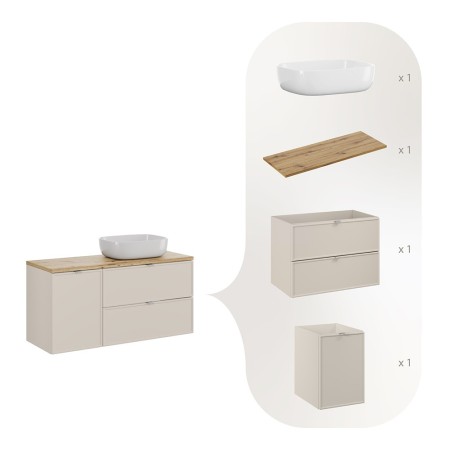 Set mobilier baie Bella Cashmere, MDF, PAL melaminat, cashmir mat, blat stejar artizan, L.120 cm, lavoar Smile 50, SET-BC B ARTISAN 120CM UN SMILE 50